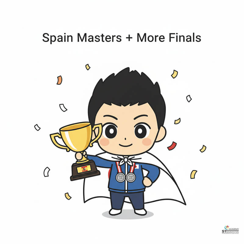 Kenta Nishimoto competing at Spain Masters 2023 and reaching multiple finals for Japan