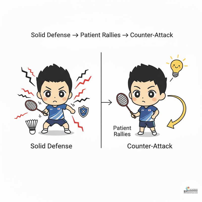 Kenta Nishimoto demonstrating patient rally style and solid defence during intense exchange