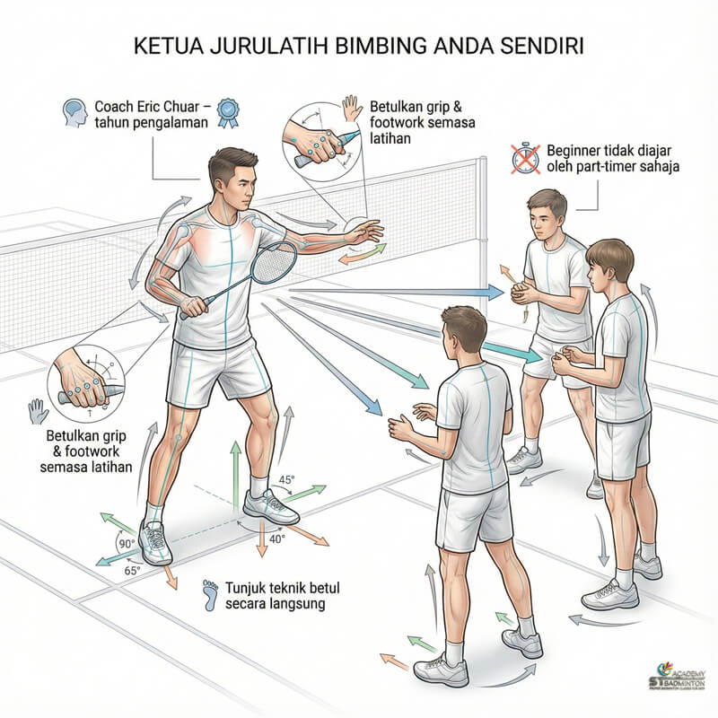 Ketua jurulatih mengajar asas footwork badminton di Wangsa Maju