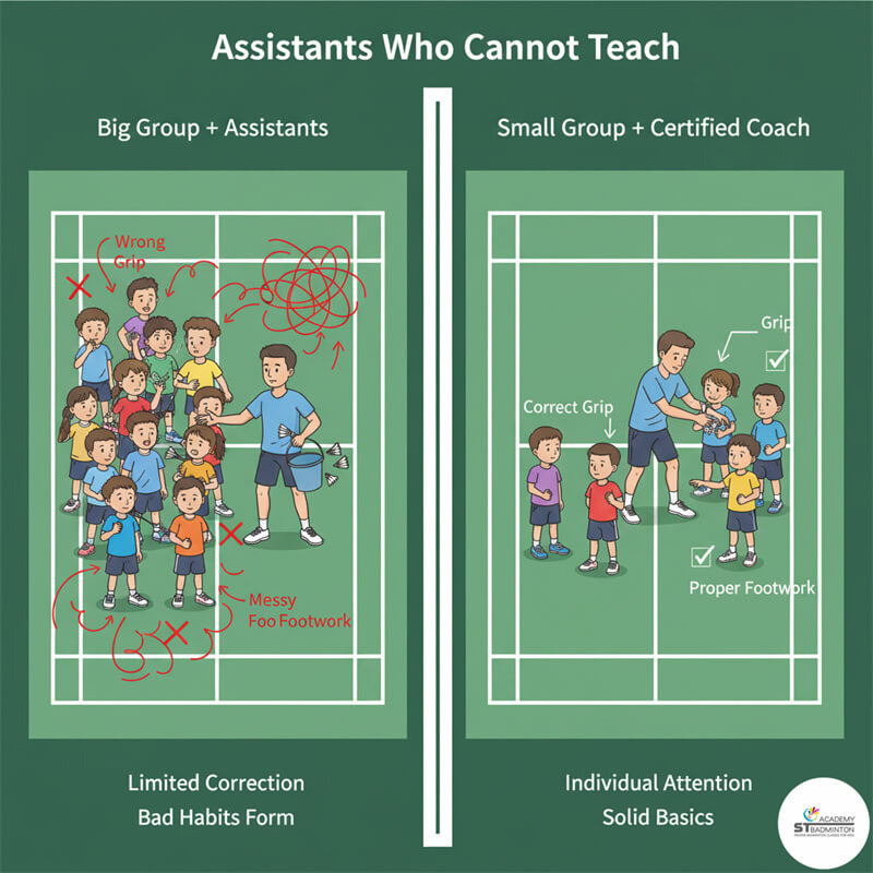 Large badminton group class with inexperienced assistant coaches feeding shuttles without correction in KL