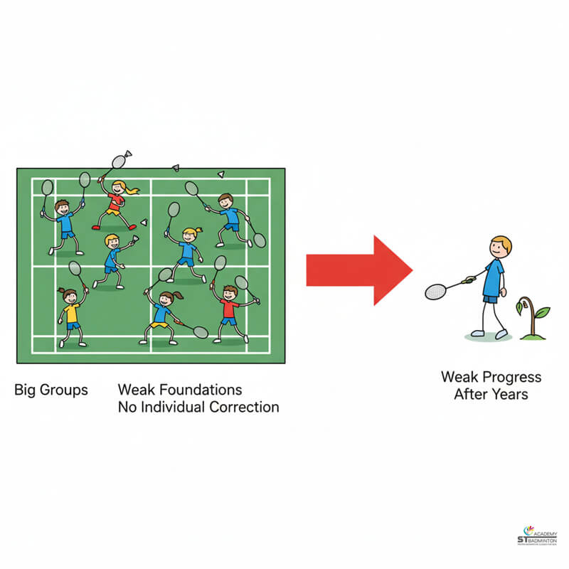 Large group badminton class with weak individual correction at ex-national coach academy in KL
