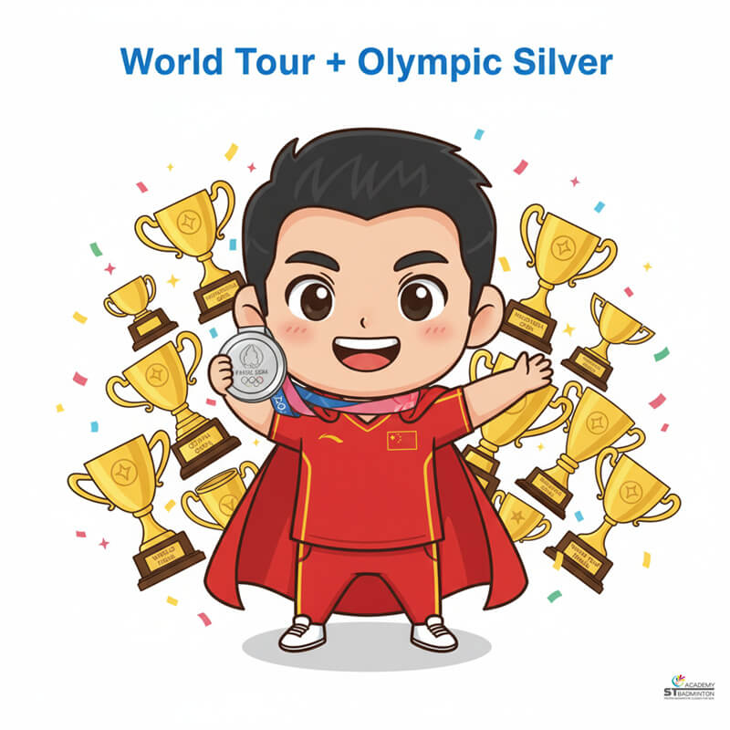 Li Shifeng lifting BWF World Tour championship trophy for China