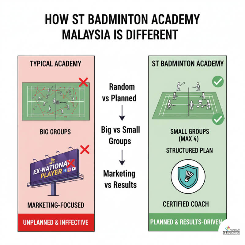 Licensed badminton coach in Kuala Lumpur demonstrating proper coaching with certification and clear explanation for children and adults