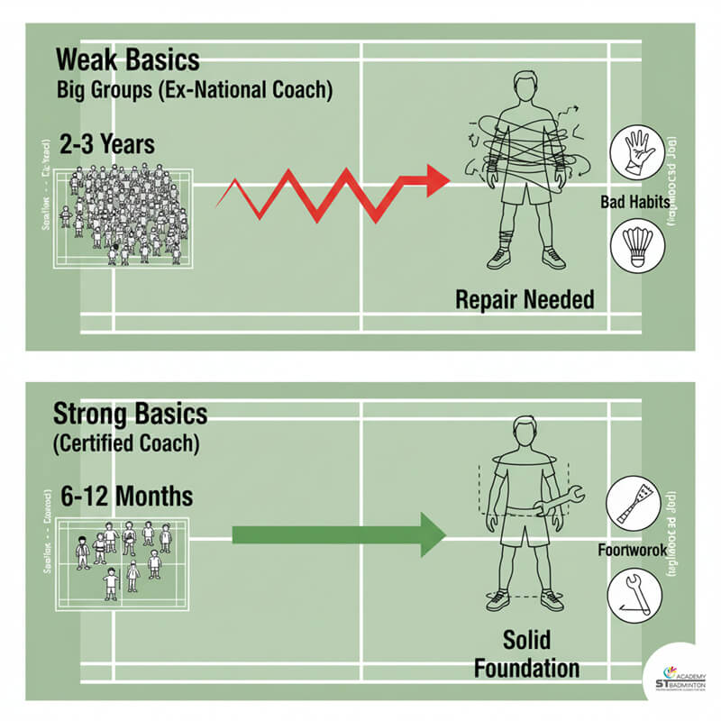 Licensed coach demonstrating proper grip correction during foundation class in Selayang Malaysia