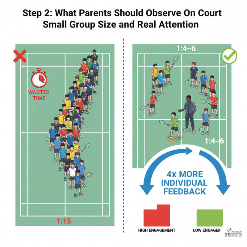 Malaysian badminton coach correcting a child's footwork during a beginner badminton training session.