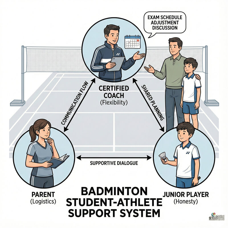 말레이시아 학생의 배드민턴 훈련 전 학습 플래너 확인 | 시간 관리