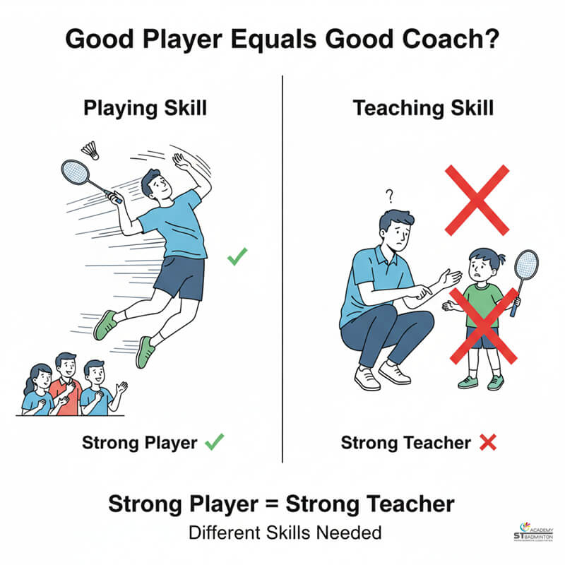 Parents comparing good badminton player skills versus good coaching skills in Kuala Lumpur