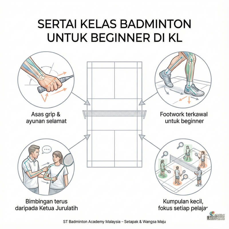 Pelajar dewasa beginner belajar ayunan raket yang selamat di Setapak