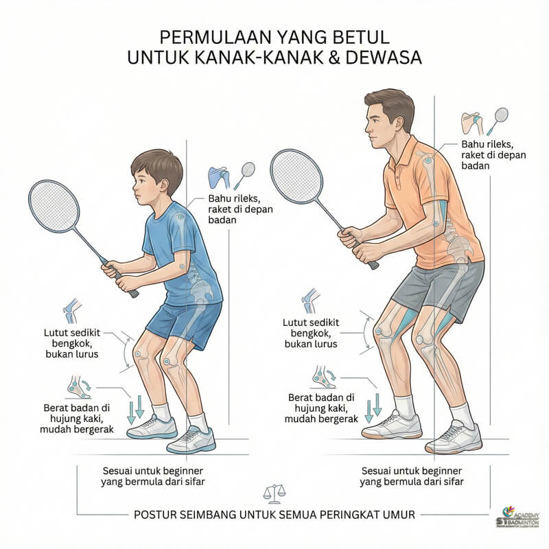 Pelajar kelas badminton beginner di Setapak sedang belajar asas pegang raket
