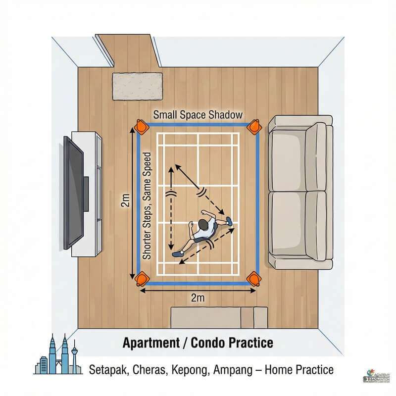 Person doing home shadow badminton workout in small living room in Kuala Lumpur
