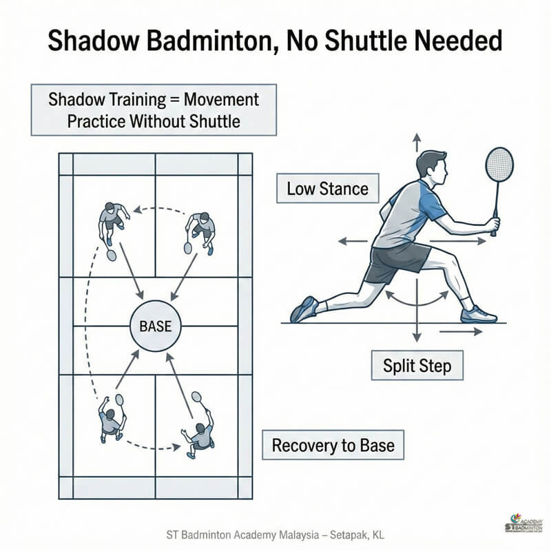 Player demonstrating proper split step during shadow badminton training in Setapak Kuala Lumpur
