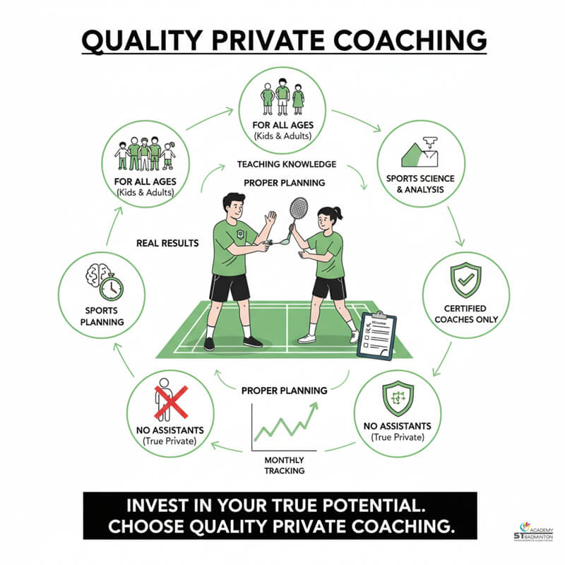 Private badminton student practicing footwork patterns during structured lesson in Kuala Lumpur