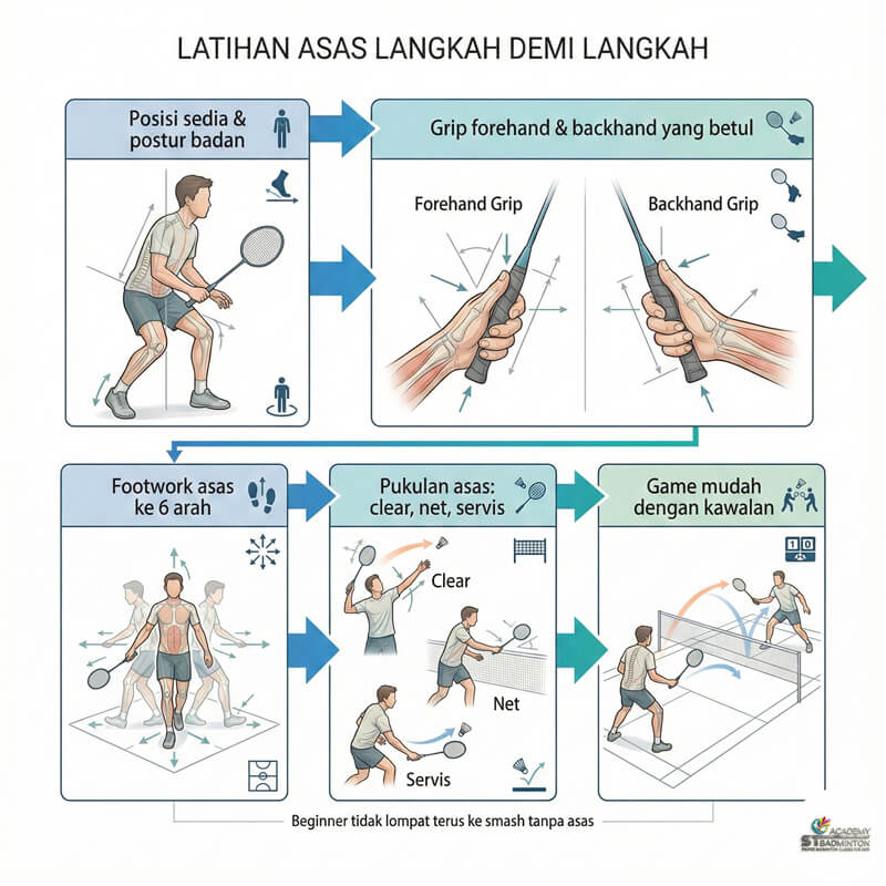 Sesi latihan badminton beginner di KL fokus pada grip dan posisi sedia