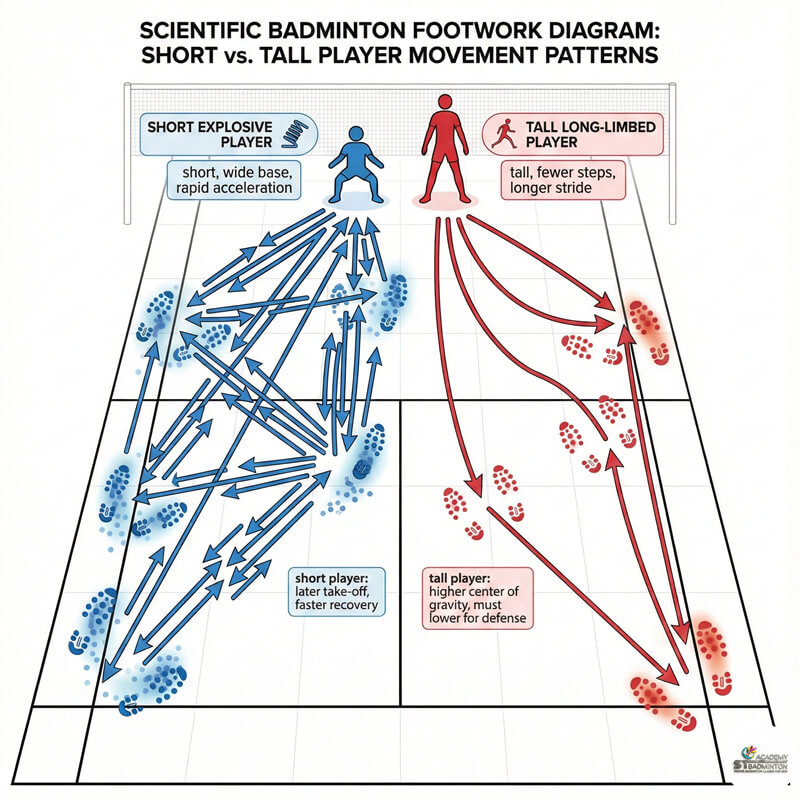 Short vs tall badminton player footwork differences shown in training at Setapak hall
