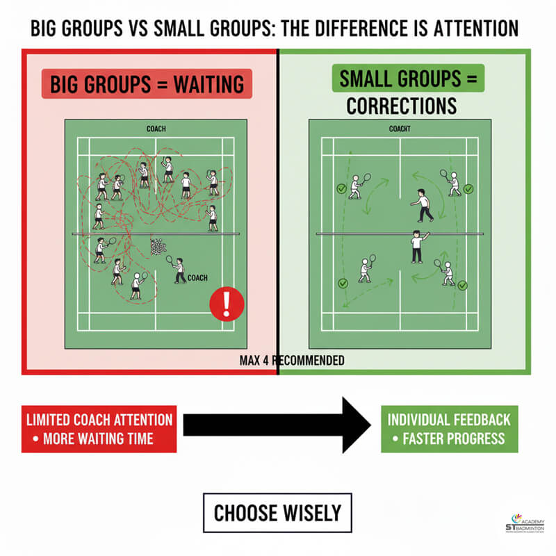 Small group adult badminton training session in Setapak with certified coach providing individual corrections