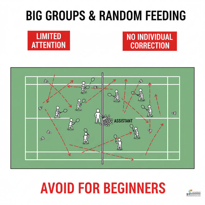 Small group badminton class in Kuala Lumpur showing proper planned training with maximum 4 students per certified coach