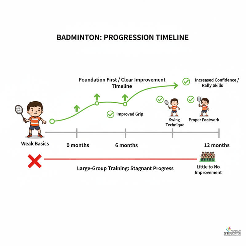 Small group foundation-focused badminton class at ST Badminton Academy Malaysia in Setapak and Selayang