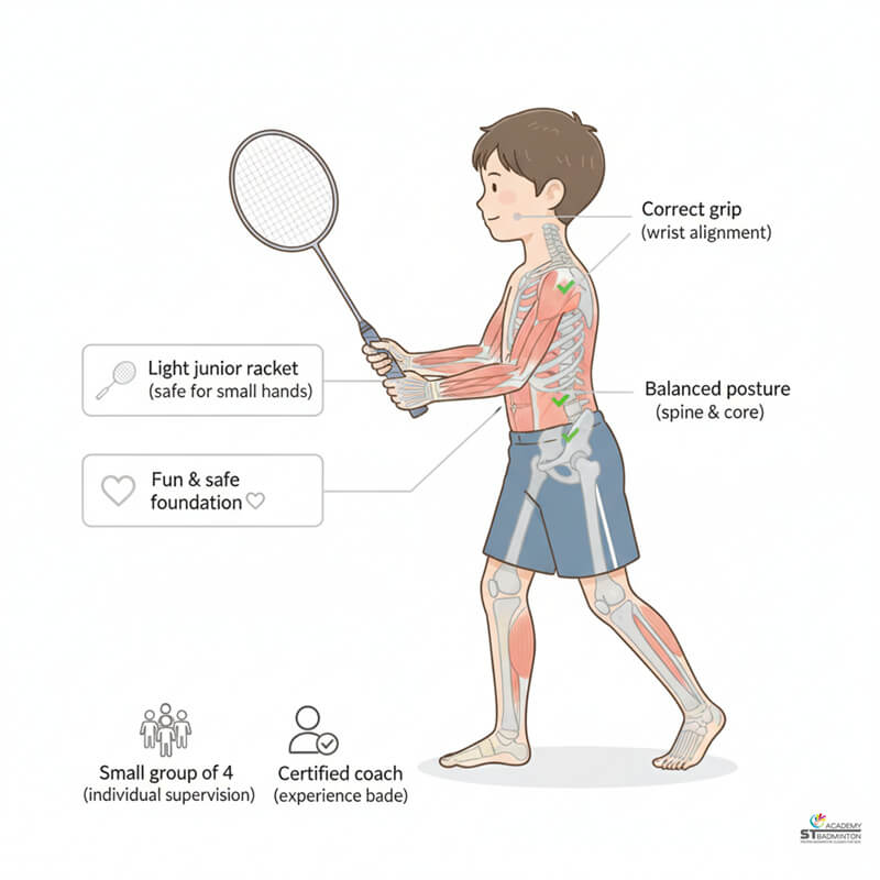 Small group of children practising simple racket skills during kids badminton coaching Kuala Lumpur