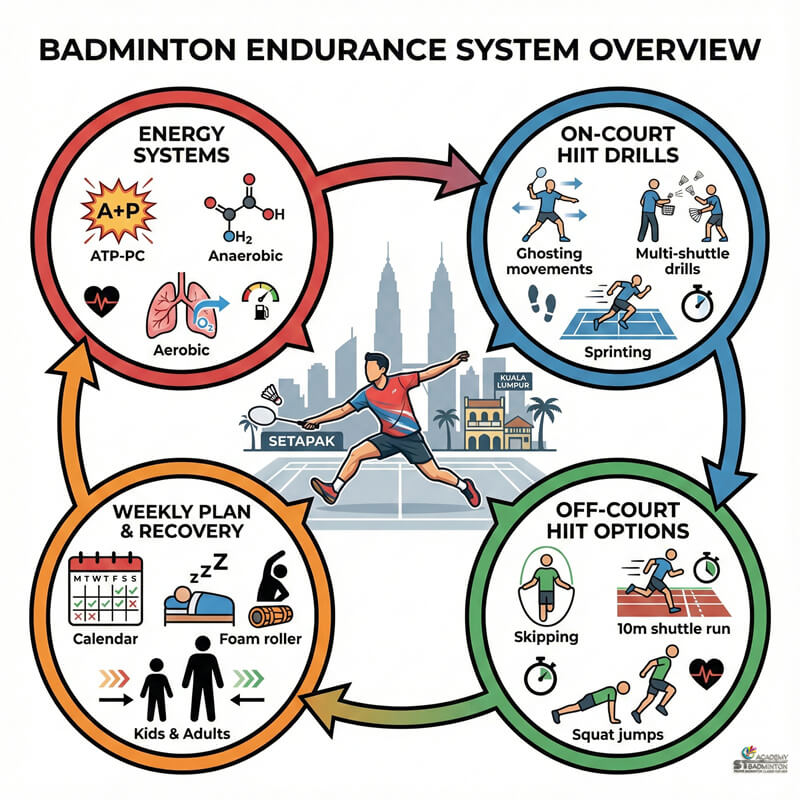 Structured on-court badminton endurance session in Setapak