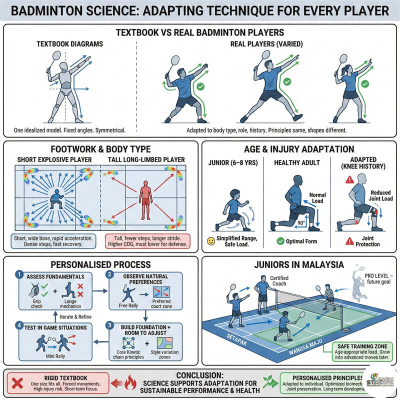 Tall junior players practising adapted long-stride footwork near Kepong