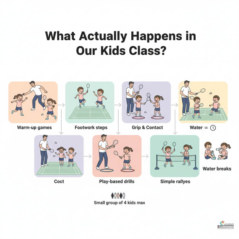 What Actually Happens in Our Kids Class Happy children during play-based badminton training for kids age 4 plus near Setapak Kuala Lumpur