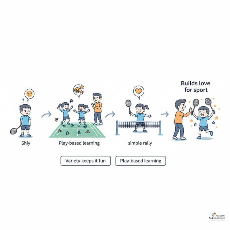 Will My Child Lose Interest and Hate Sports Certified coach providing gentle guidance during beginner badminton class for children in Kuala Lumpur Malaysia