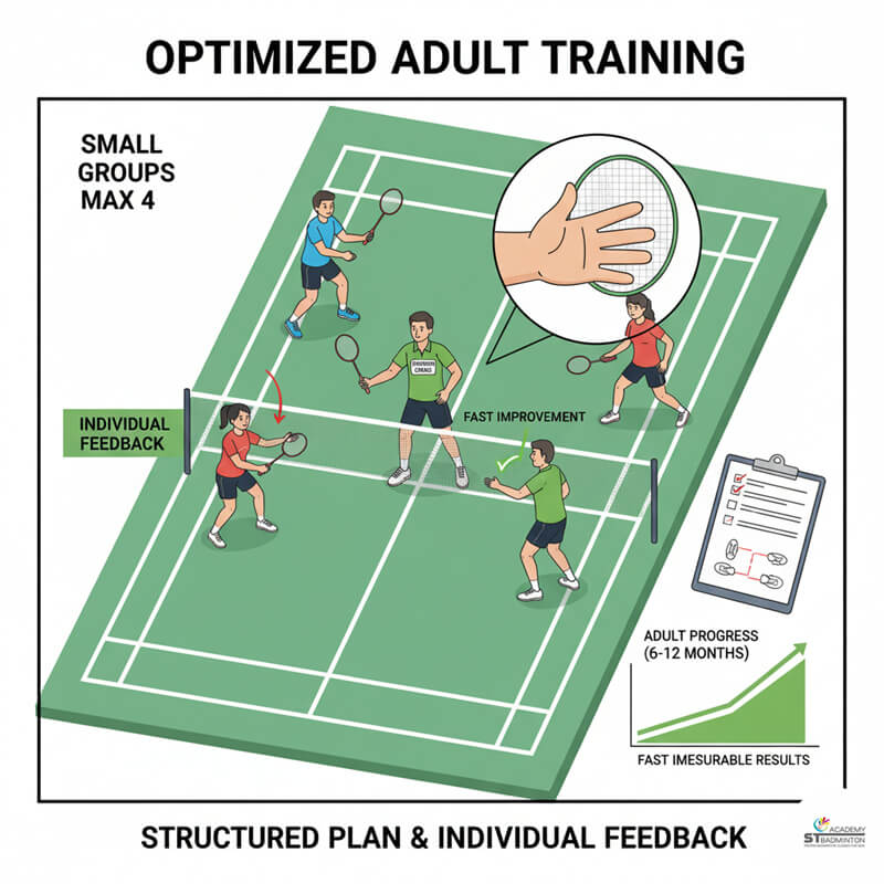 Working adult practicing grip correction during structured badminton training session in Setapak