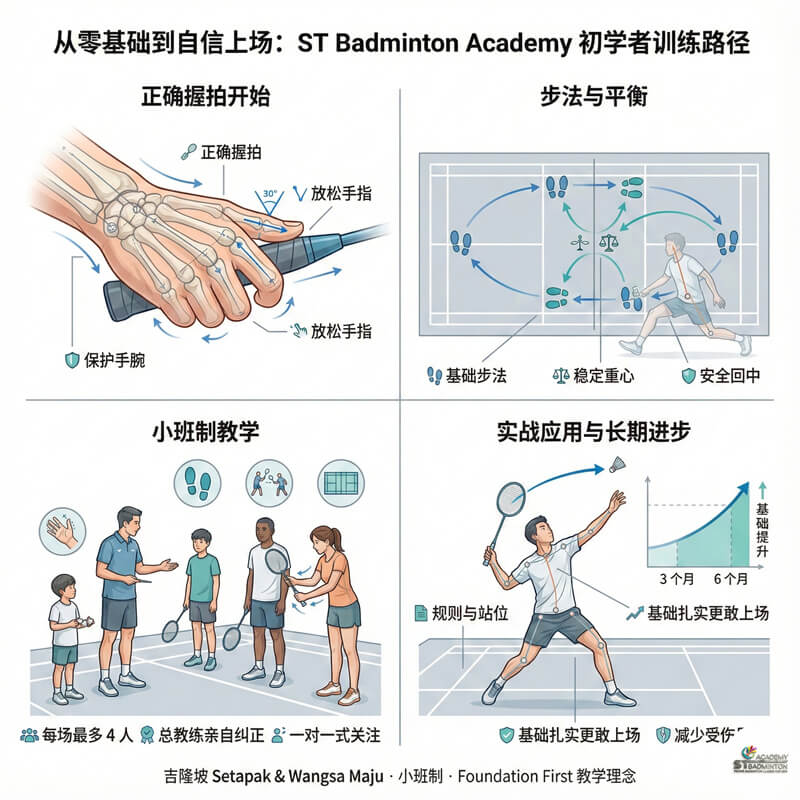 成人学员在 Setapak 羽毛球初学班接受挥拍动作矫正