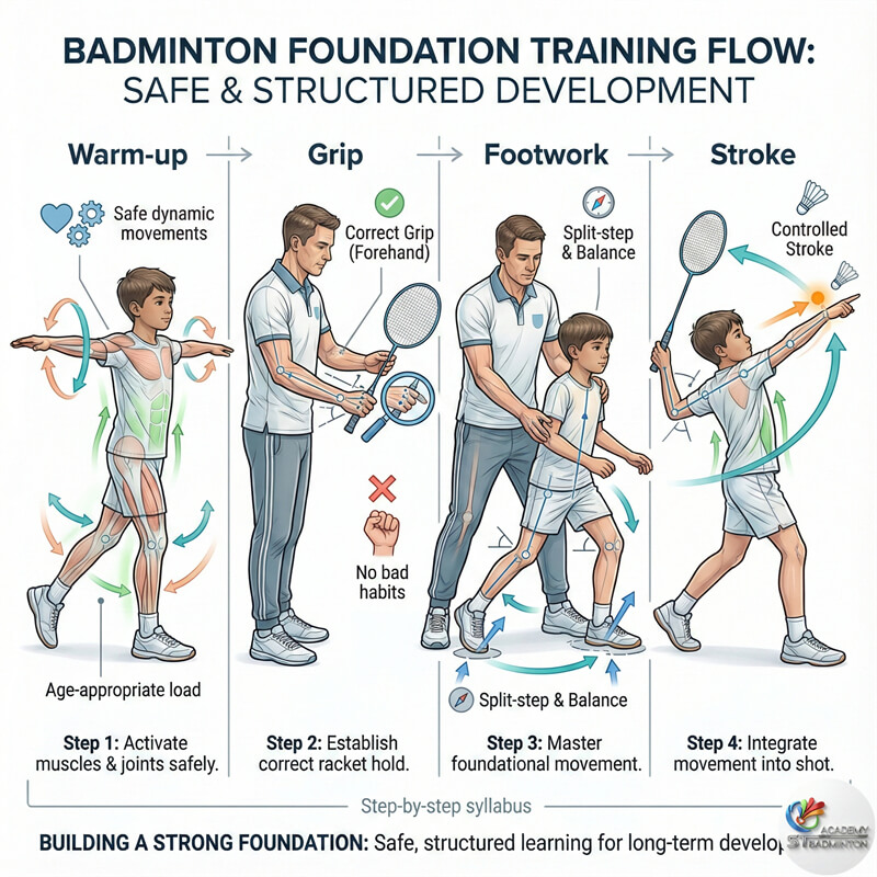 쿠알라룸푸르 어린이 배드민턴 훈련에 BAM 표준을 적용하는 모습