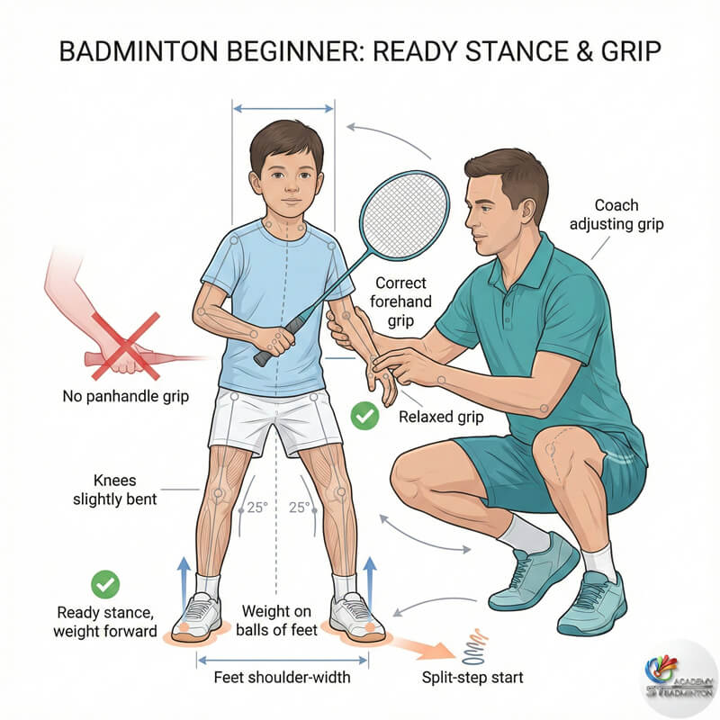 Beginner badminton training for kids in Setapak Kuala Lumpur focusing on grip and stance