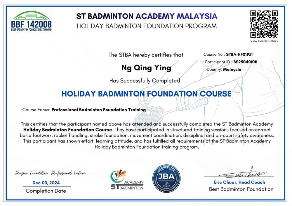 Certificate of Participation for Holiday Badminton Camp Malaysia