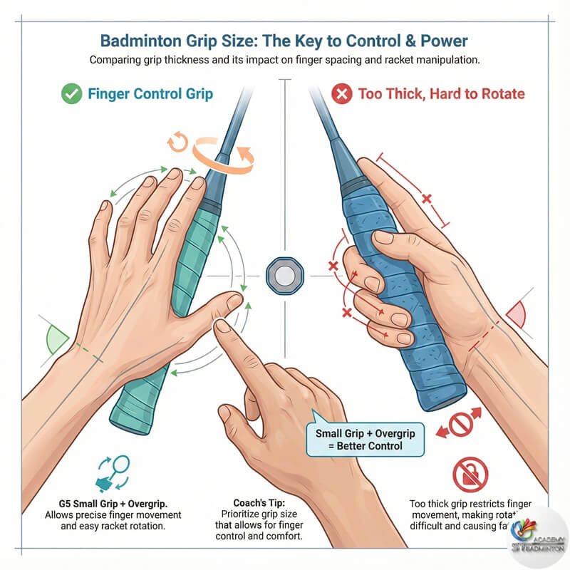 Certified badminton coach checking racket grip size for student in Setapak