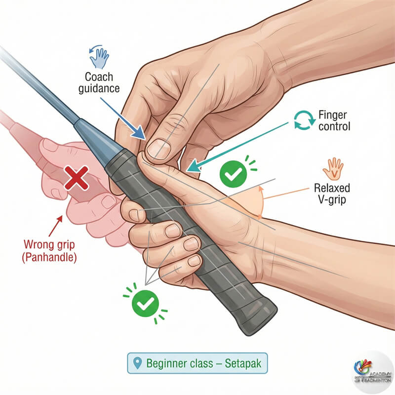 Certified badminton coach correcting child's grip during beginner class near Setapak