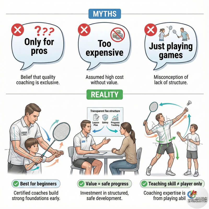 쿠알라룸푸르에서 초보 수강생을 지도하는 공인 배드민턴 코치