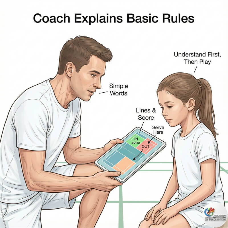 Huấn luyện viên chứng nhận đang giải thích luật và kỹ thuật cầu lông cho người mới tại Setapak KL