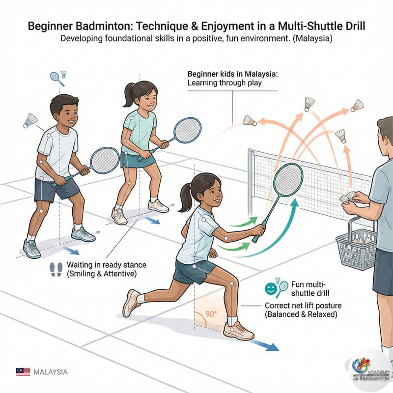 Children enjoying beginner badminton lessons and drills in Malaysia