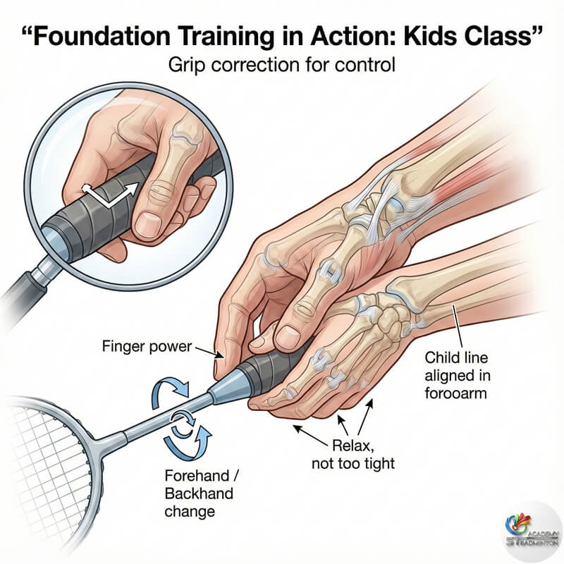 Eric教练为年幼的初学者纠正握拍技术