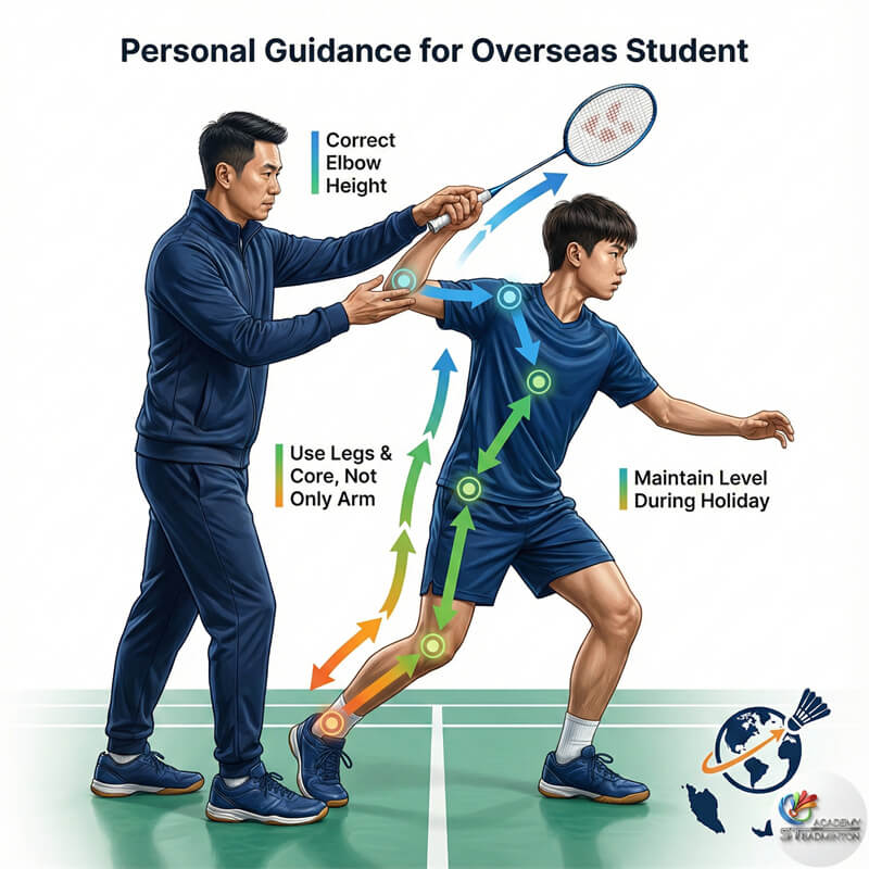 HLV Eric hướng dẫn một học viên quốc tế trong trại hè cầu lông Malaysia