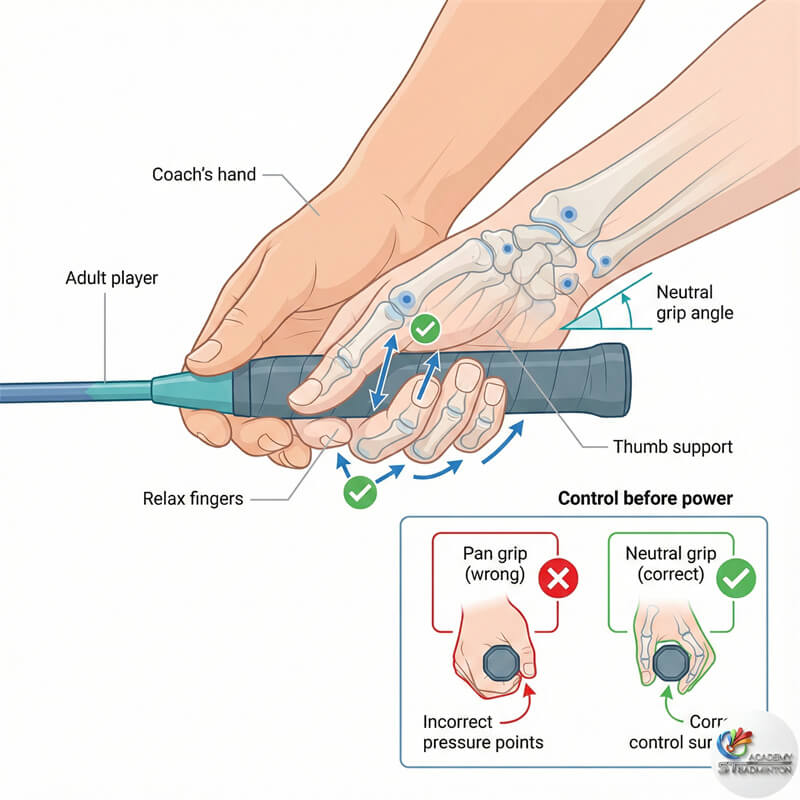 โค้ชสอนปรับท่าจับไม้ให้กับนักเรียนผู้ใหญ่ในกัวลาลัมเปอร์