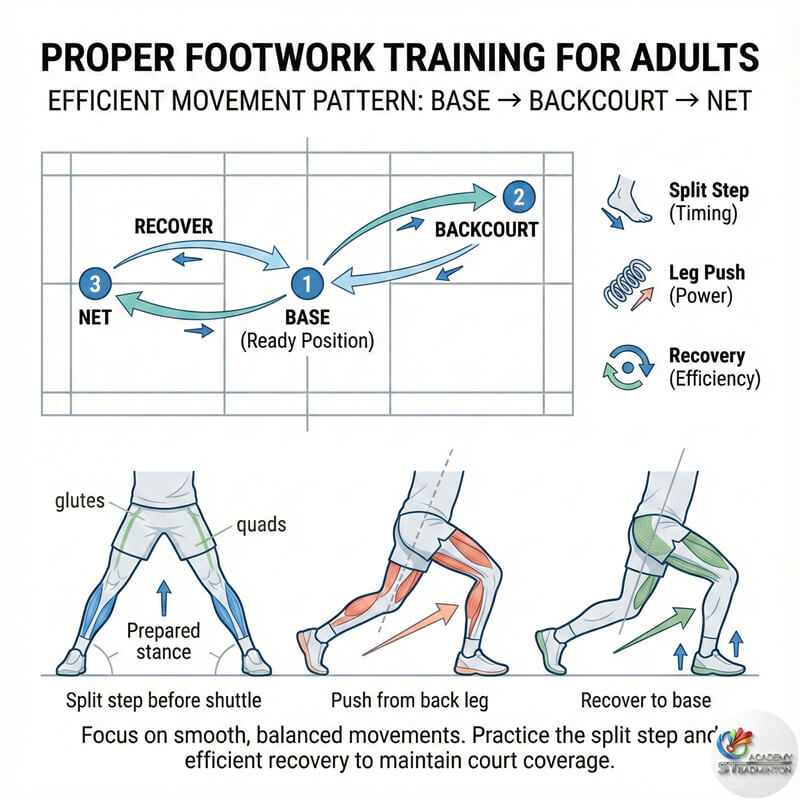 Pelatih mengoreksi grip raket untuk siswa pemula dewasa di KL