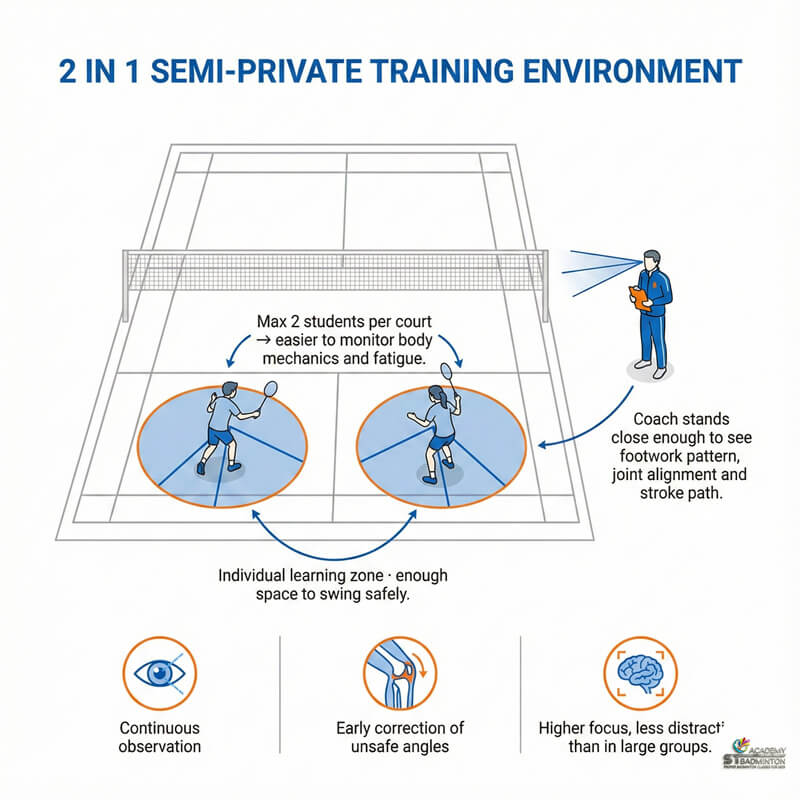 Coach demonstrating footwork patterns in a semi-private 2 in 1 kids badminton class in KL