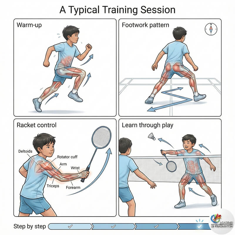 KL儿童羽毛球基础班课程结构包含热身与技术练习