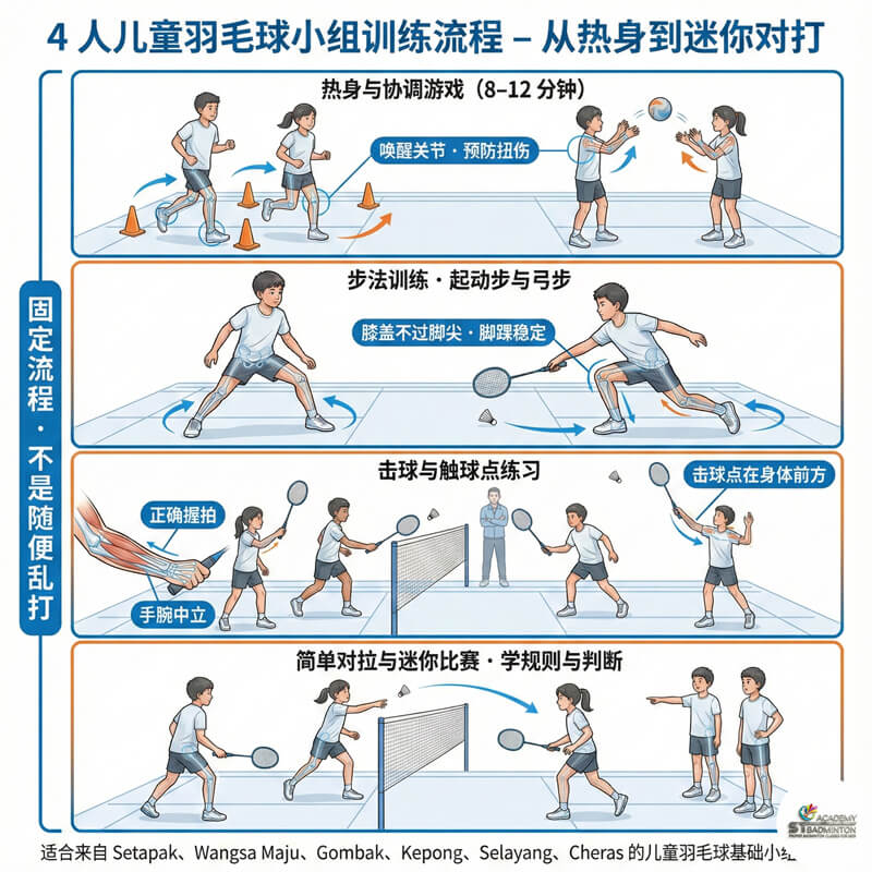 Gombak 附近专注的羽毛球小组训练，教学大纲清晰