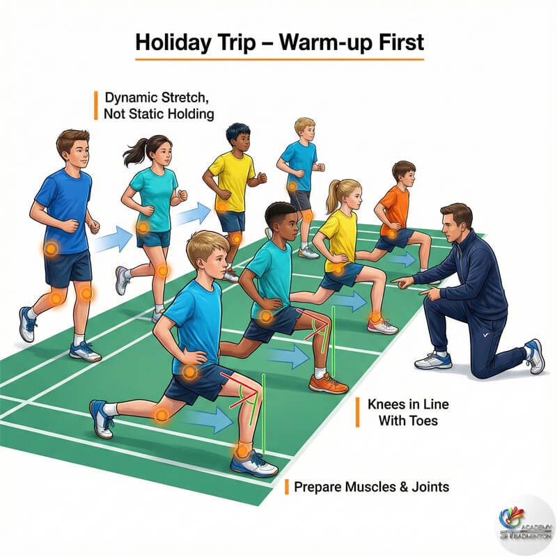 Học viên nhỏ tuổi thực hiện bài tập khởi động trong chuyến tập huấn cầu lông tại Malaysia