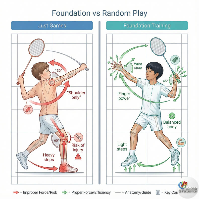 Kids badminton coach teaching correct grip during beginner badminton training in Malaysia
