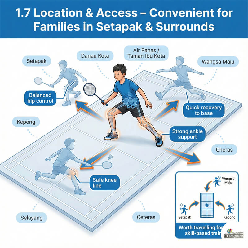 Trẻ em đang học kỹ thuật đánh lưới cơ bản trong lớp huấn luyện cầu lông 4 trong 1 gần Cheras và Taman Ibu Kota