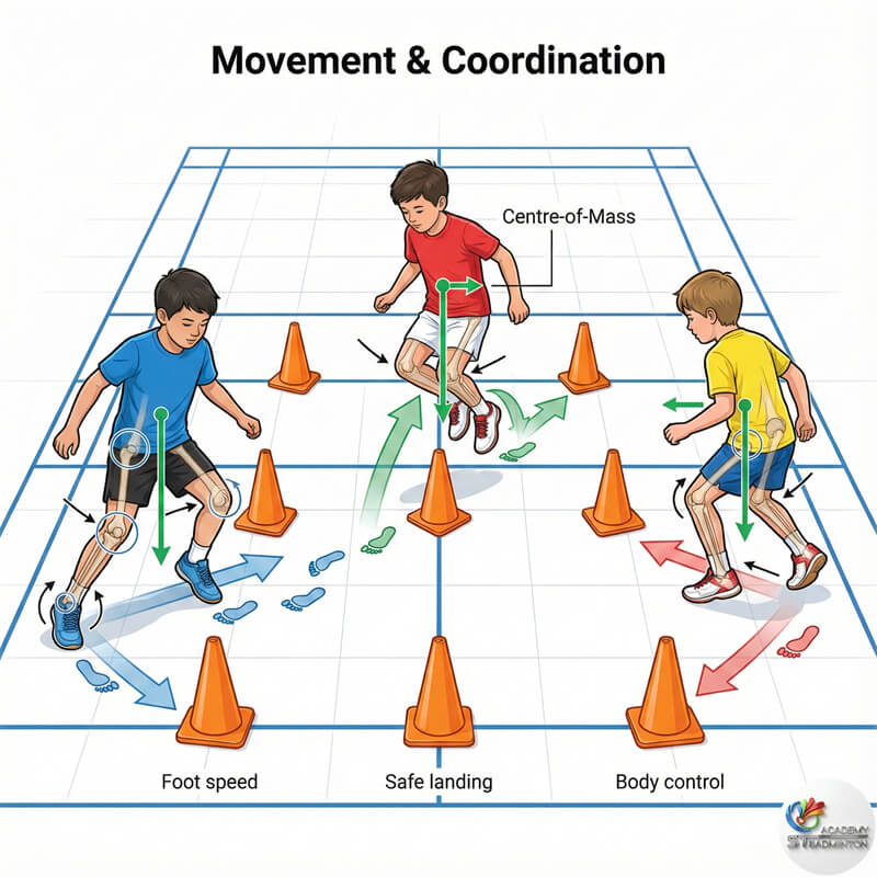 Latihan pergerakan kanak-kanak semasa kelas badminton di Air Panas KL