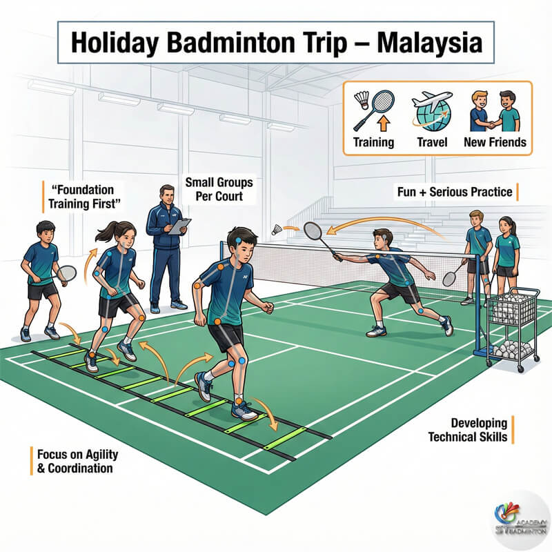 Học viên quốc tế học bộ pháp footwork trong chuyến du lịch cầu lông tại Malaysia với ST Badminton Academy