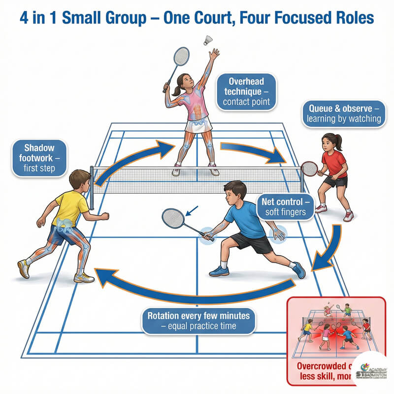 Kiểm tra kỹ năng cầu lông định kỳ cho nhóm nhỏ 4 trong 1 tại KL