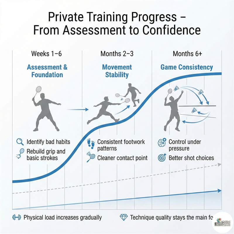 Huấn luyện viên di chuyển cầu lông riêng tại Malaysia hướng dẫn chuyển động đúng tại ST Badminton Academy